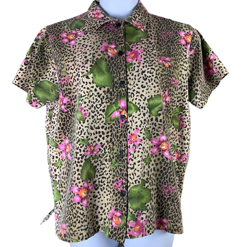 Moving Bleu Size Large Button Front Shirt Black Brown Pink Animal Print Floral